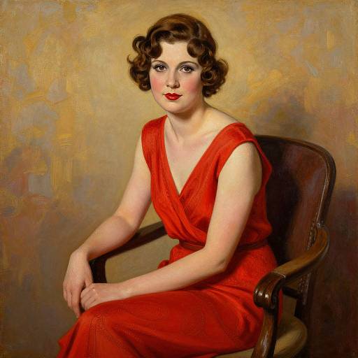 Classic oil painting of a fair-skinned woman with short, curly brown hair, wearing a vivid red dress, sitting on a wooden chair against a warm