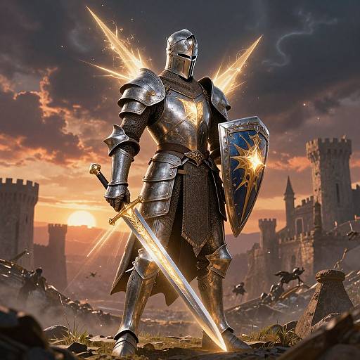 Photorealistic CGI: Armored knight with glowing sword and shield, standing triumphantly at sunset, surrounded by ruined castles and dramatic clouds.