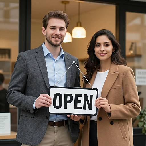 Business Owners Holding Open Sign