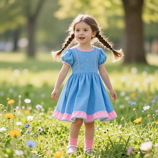 Joyful Girl in Blue Dress Meadow