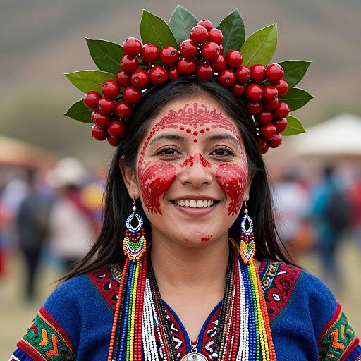 Photograph of a smiling Indigenous woman with red berry face paint, green leaf and red berry headpiece, colorful traditional dress, and beaded earrings,