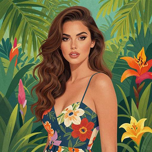 Digital illustration of a beautiful woman with wavy brown hair, wearing a floral dress, standing amidst vibrant tropical flowers and lush greenery.