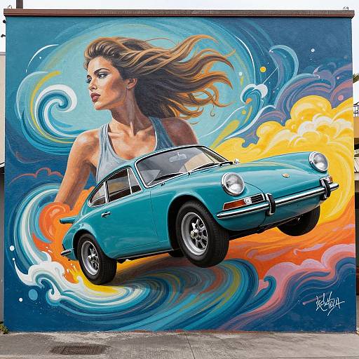 Vibrant street art mural of a blue vintage car with a flowing-haired woman in a white tank top, surrounded by swirling blue, orange, and