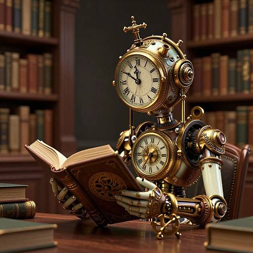 Photograph of an intricate, golden clockwork robot reading an antique book in a dimly-lit, wood-paneled library with shelves of books in