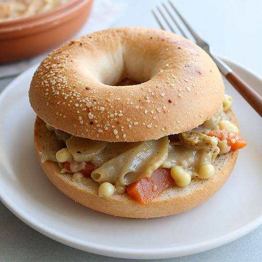Photograph of a sesame seed bagel sandwich filled with creamy sauce, beans, and diced carrots, on a white plate.