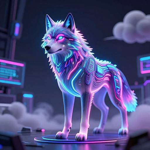Neon-lit, cyber-futuristic wolf with glowing blue, pink, and purple accents stands on a circular platform in a dark, tech-filled