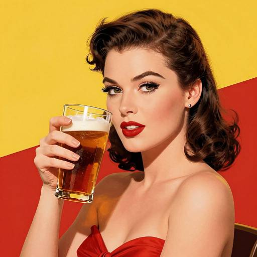 Vintage-style photograph of a fair-skinned woman with dark, wavy hair, red lipstick, and red strapless dress, holding a glass of beer