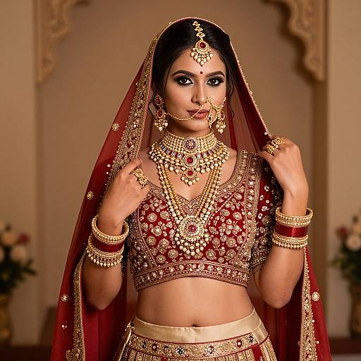 Photograph of an Indian bride in traditional red and gold bridal attire, adorned with intricate jewelry, holding her veil, standing in an ornately decorated room