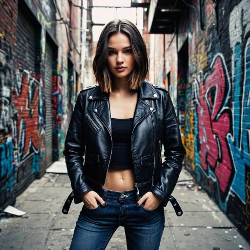 Fashion Model in Leather Jacket in Graffiti Alley