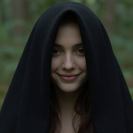 Photograph of a young woman with fair skin and dark eyes, smiling slightly, wearing a black hooded cloak, set against a blurry green forest background