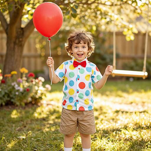 Photograph of a curly-haired young boy in a colorful polka-dot shirt, red bowtie, beige shorts, holding a red balloon, smiling in