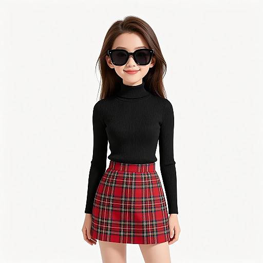 Photograph of a fair-skinned woman with long brown hair, wearing a black turtleneck and red plaid mini-skirt, black sunglasses,