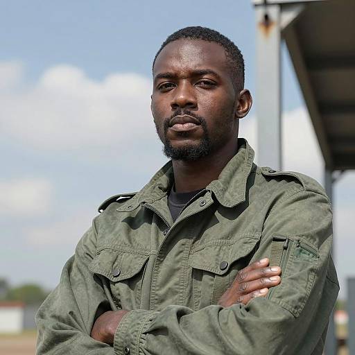 Serious Man in Military-Style Jacket