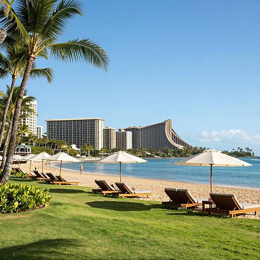 Photograph of a sunny beach with white umbrellas, wooden lounge chairs, lush green grass, palm trees, and modern high-rise hotels in the background