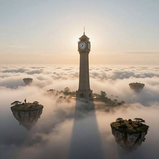 Photorealistic digital art: A tall clock tower centered above a sea of clouds, with three small, tree-covered islands surrounding it at sunrise.