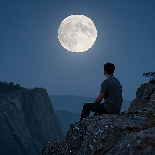 Photograph of a man in a gray shirt, sitting on a rocky cliff, silhouetted against a large, bright full moon in a deep