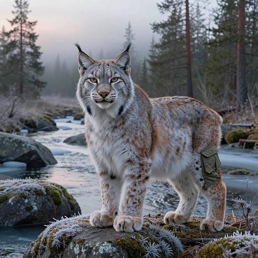 Realistic White Lynx in Misty Boreal Forest