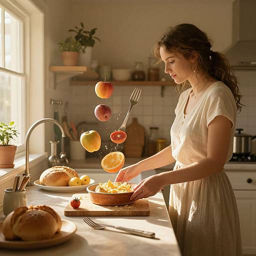 Photograph of a curly-haired woman in a white dress, slicing fruit while sunlight streams into a cozy, sunlit kitchen.