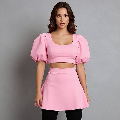 Photograph of a young woman with wavy dark brown hair, wearing a pink crop top with puffed short sleeves and matching pink A-line skirt,