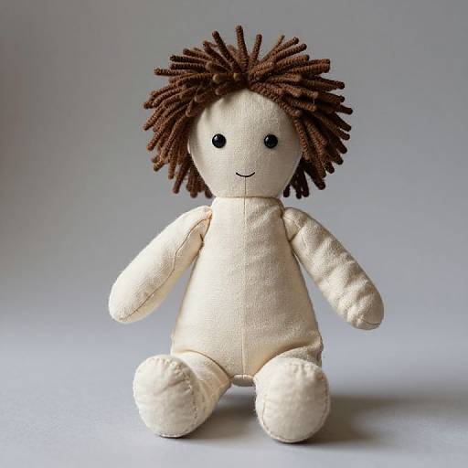 Photograph of a handmade, cream-colored felt doll with dark brown, textured, spiky hair, black bead eyes, and a simple smile, seated
