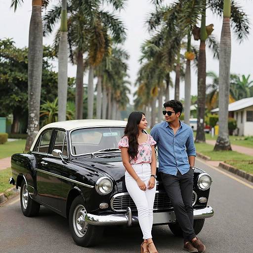 Young Couple with Classic Car on Palm Tree-Lined Road
