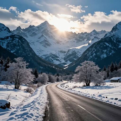 Photograph of a snowy mountain landscape with a winding road leading to towering, sunlit peaks under a partly cloudy blue sky.