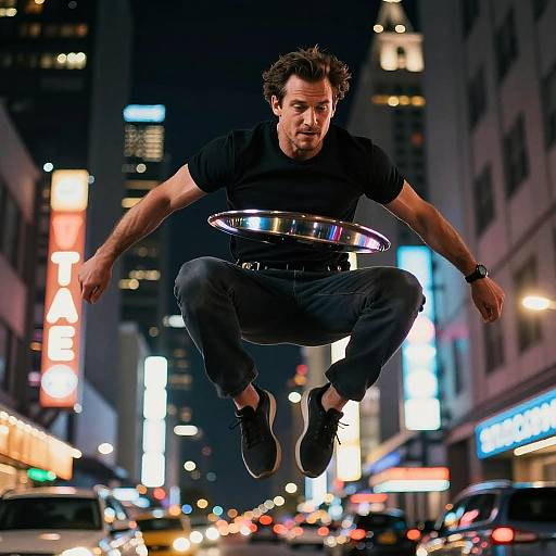 Photograph of a muscular man with short, dark hair, mid-air jump in a black t-shirt, jeans, and sneakers, holding a silver bowl