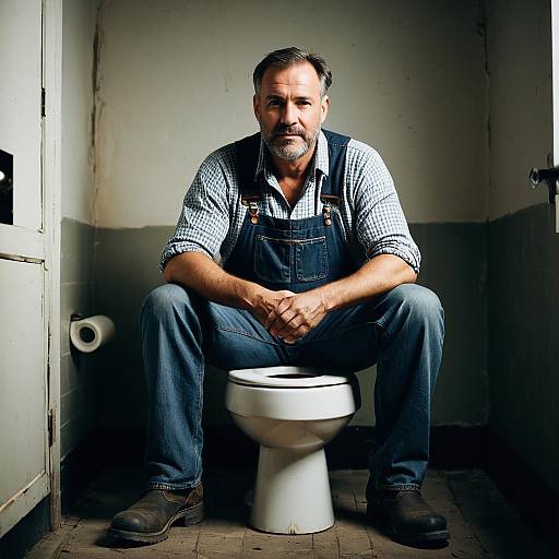 Farmer Sitting on Toilet