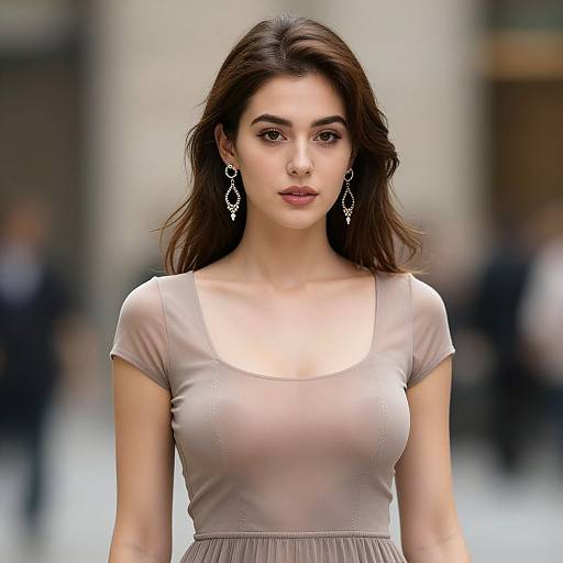 Photograph of a beautiful young woman with long brown hair, wearing a sheer beige top, large dangling silver earrings, standing in a blurred urban background.