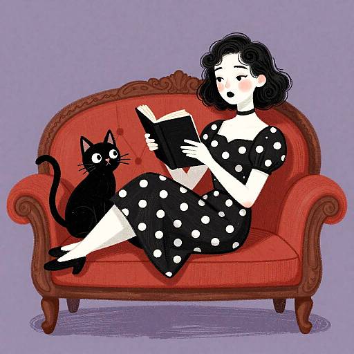 Vintage Whimsical Woman with Cat