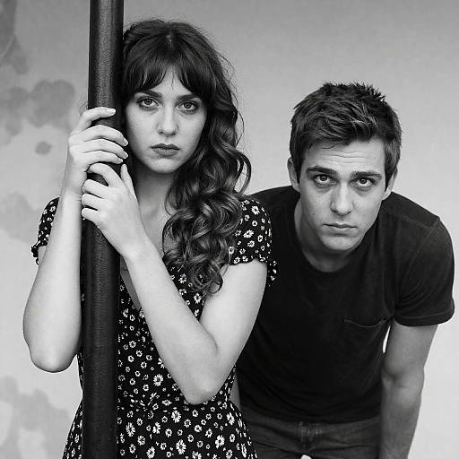 Black and White Portrait of Young Couple with Intense Expressions