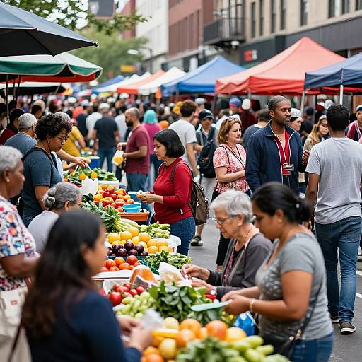 Photograph of a bustling outdoor market with diverse crowd, colorful vendor stalls, and vibrant fruits and vegetables, set on a city street.