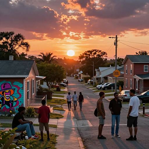 Photograph of a suburban street at sunset, with vibrant graffiti on a house, people walking, colorful clouds, and warm orange sky.
