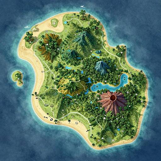 Digital art of a lush, tropical island with vibrant green forests, blue rivers, sandy beaches, a pink flower-shaped structure, and surrounding ocean. Over