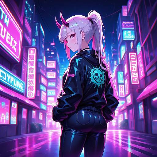 Digital anime art of a white-haired girl with red horns, black leather jacket, and tight pants, standing in a neon-lit, futuristic city street