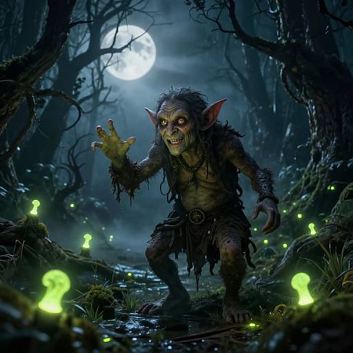 Mischievous Goblin in Moonlit Swamp