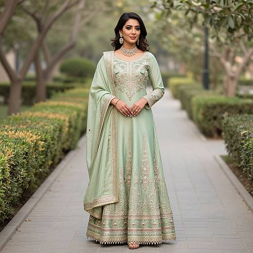 Photograph of a South Asian woman in a light green, intricately embroidered traditional lehenga, standing on a tree-lined pathway.
