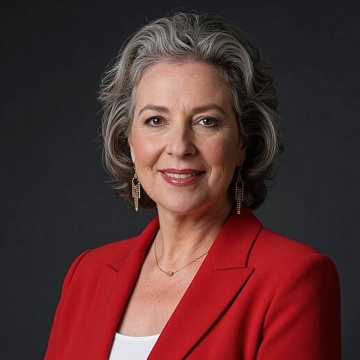 Photograph of an elderly woman with short gray hair, smiling, wearing a red blazer, white top, gold earrings, and necklace, against a
