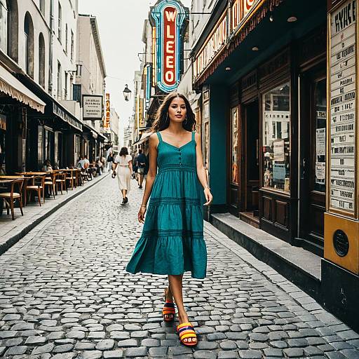 Woman Walking in Cobblestone European Alleyway