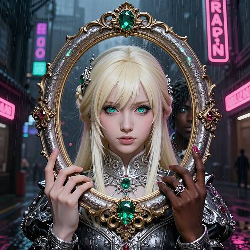 Digital artwork: Blonde elf with green eyes, wearing ornate silver armor, holding an elaborate gold-framed mirror with green gems, in a neon-l