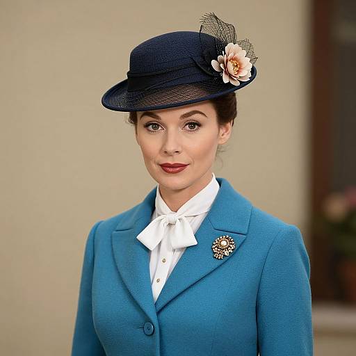 Photograph of a woman with fair skin, dark brown hair in an updo, wearing a navy blue hat with a flower and feather, a blue