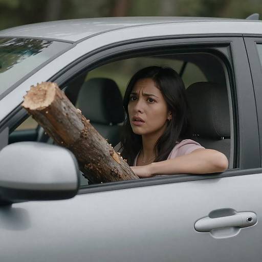 Woman in Car with Jagged Log
