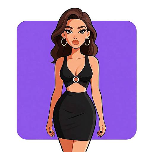 Digital illustration of a confident woman with long brown hair, wearing a black crop top and skirt, large hoop earrings, and bold red lipstick, set against