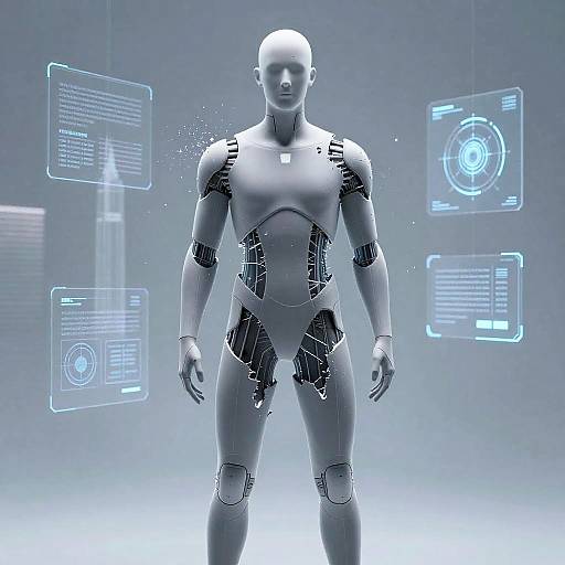 CGI image of a bald, muscular, robotic human figure with glowing blue holographic interfaces floating around against a bright, futuristic background.