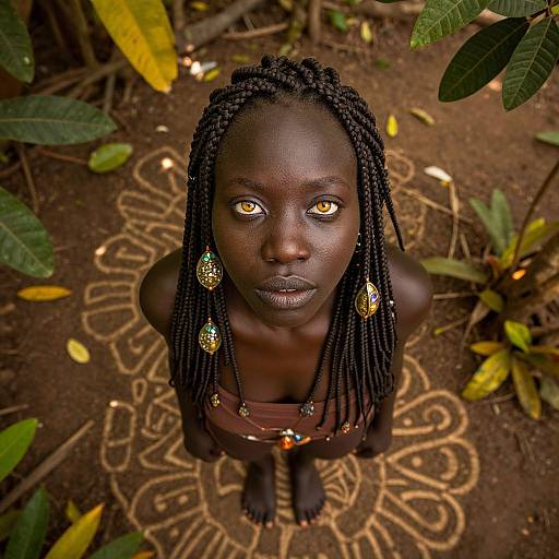 Photograph of a dark-skinned woman with glowing yellow eyes, wearing beaded braids and earrings, standing on a patterned dirt path in a