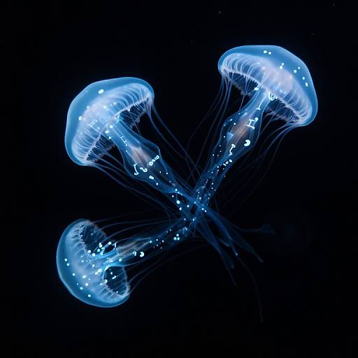 Photograph of three glowing, blue, translucent jellyfish with bioluminescent patterns, floating against a dark blue background, their tentacles gracefully intertw