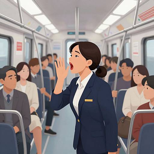 Digital illustration of an Asian woman in a navy suit and white shirt, waving excitedly on a crowded subway train.