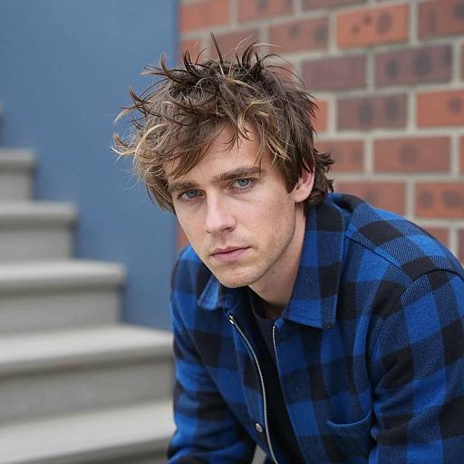 Man with Tousled Hair in Blue Checkered Jacket
