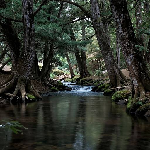 Photograph of a serene forest stream with clear, flowing water, surrounded by tall, moss-covered trees and dense greenery.