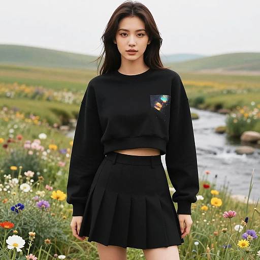 Photograph of an Asian woman with long dark hair, wearing a black crop sweatshirt and skirt, standing in a colorful meadow by a river.